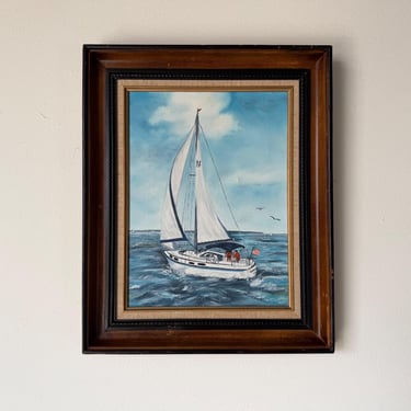 1970s Vintage R. Fisher Sailboat Oil on Canvas Painting – Framed 