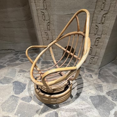 Swivel Bucket Lounge Chair on Stacked Rattan  Bamboo Pedestal Base Mid Century 