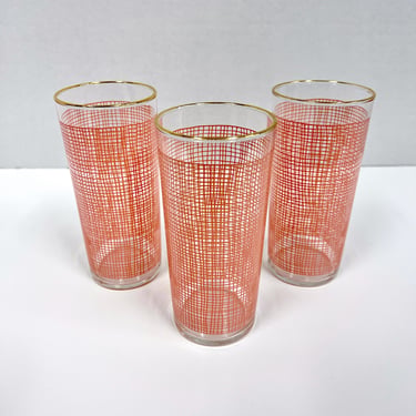 Set of 3 Federal Glass Pink Weave MCM Collins Glasses, Gold Rim Highball Barware 