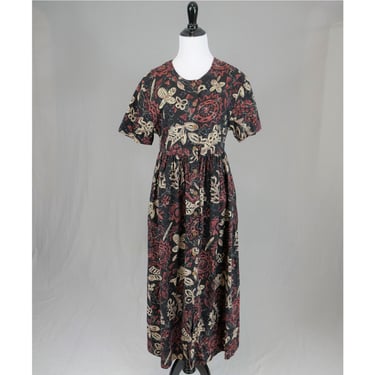 Vintage Hawaiian Dress - Long Tropical Nature Print - Black Brown Blue-Gray - Hilo Hattie Made in Hawaii - Size M 