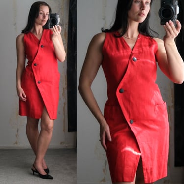 Vintage 80s BILL BLASS for Neiman Marcus Rouge Heavy Linen Wrap Style Asymmetrical Button Mini Dress | Linen | 1980s Designer Day Dress 