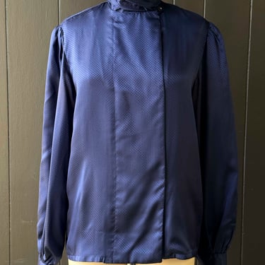 Vintage Ernst Strauss Silk Navy Blue Mock Neck Button Long Sleeve Blouse - Size S
