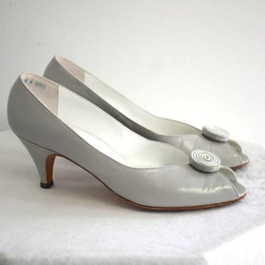1970s/80s Jack Rogers Gray Peep Toe Heels, Size 7 1/2 N 