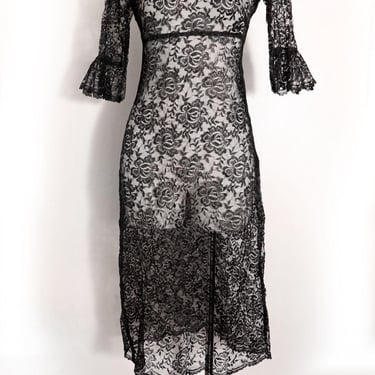 80's TRIPP NY Black Sheer Lace Dress Vintage 1980's Rocket Label - Small 