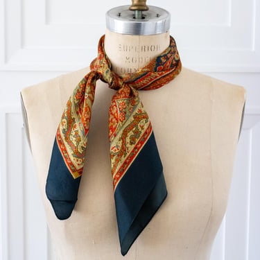Vintage Silk Scarf Liberty of London: Dark Gray and Orange Paisley Pattern Square Head Wrap Hairscarf Bohemian 