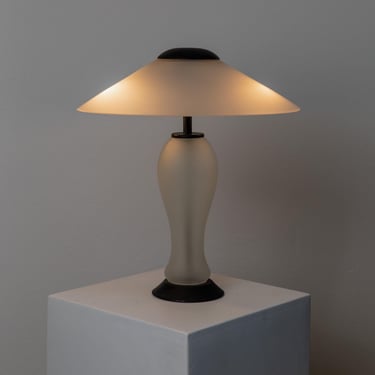 Vintage Murano Glass Table Lamp - Memphis Style, White Frosted Glass, Black Metal Details - Italy 1980s - Timeless minimal Style, Gift Idea 