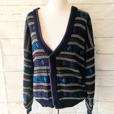 Vintage 80s 90s Striped Knit Men's Sweater Botany 500 V-Neck Cardigan Bill Cosby Style Mr. Rodgers Neighborhood Sweater 