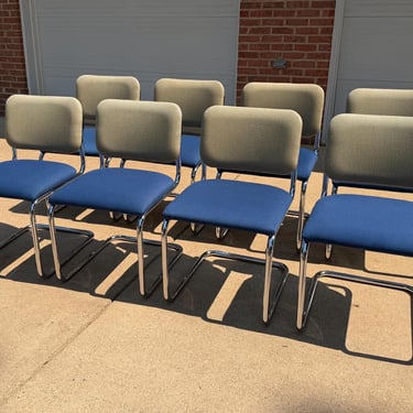 Set of 8 Knoll Cesca Chairs, Marcel Breuer Bauhaus, Blue Tan, Chrome Steel, 2019 
