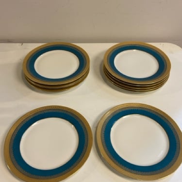 Twelve Turquoise &amp; Gold Dinner Plates from Superieur Limoges France