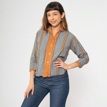 60s Gingham Shirt Black White Button Up Blouse Cropped Checkered Top Burnt Orange Stripes 1960s Vintage Preppy Petite Medium M 