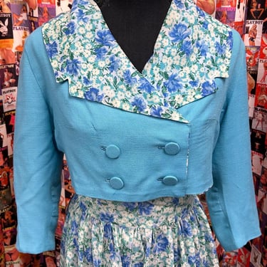 1950s Blue Floral Dress and Bolero -26”w 