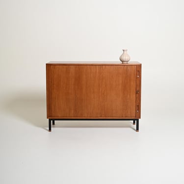 Scandinavian Oak Tambour Door Cabinet 1960s – Mid Century Modern Storage Unit with Adjustable Shelves, Black Metal Base, Danish Cupboard 