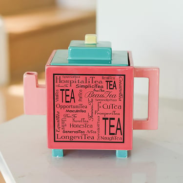 Vintage 2003 Postmodern Cube Teapot Pink and Turquoise Ceramic Tea Typography Y2K Design 
