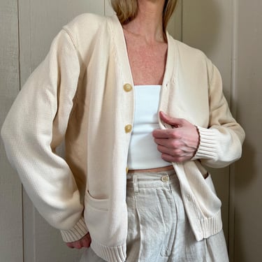 Vtg Lands End Cotton Cardigan Sweater, Vintage 90s Off White Ribbed Knit, Grandpa Cardigan Jumper, Chunky Cotton Sweater 