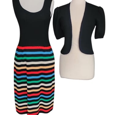 Vintage 1970s St John Dress Knit Rainbow Stripe Black Midi + Bolero Jacket 