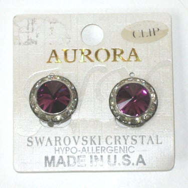 Aurora Brand Clip-On Earrings w/ Swarovski Large Faceted Amethyst Crystal & Clear Rhinestones; Vintage Silver Tone Made in U.S.A. 