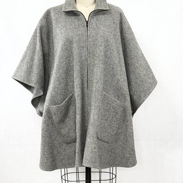 Vintage 70s Cape or Poncho | Gray Herringbone Tweed Wool Zip Front with Pockets | Bemidji Woolen Mills 