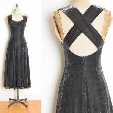 vintage 90s prom party dress black metallic silver shimmer criss cross midi XS S 