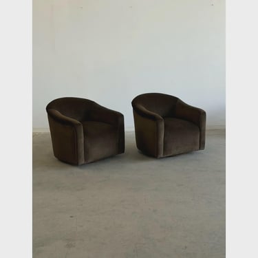 Barrel Back Lounge Chairs in Espresso Brown Mohair - Pair 