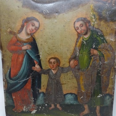 Antique 1800's Holy Family Retablo, Jesus Christ, Mary, Joseph and God the Father Oil Painting on Tin 