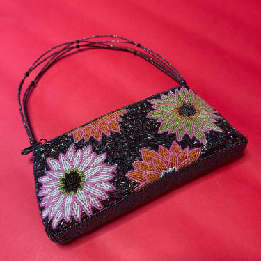 Vintage Beaded Floral Clutch – Unique 1990s Evening Bag with Pink, Green & Orange Daisies – Retro Y2K Handbag with Bead Strap 
