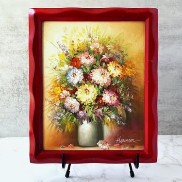 Vintage Floral Oil Painting: Signed Cottagecore Still Life in Red Frame 