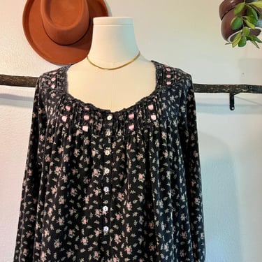 Eileen West Black Cotton Rose Floral Print Lace Ribbon Trim Night Dress Size S 