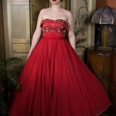 1950s Dress - Incredible Lipstick Red Strapless 50s Evening Gown Heavily Embellished with Beads and Faux Pearl Teardrops 
