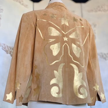 Hand Painted Tan Suede Jacket / Gold Metallic Butterfly / Retro Vibes / Genuine Leather / Wearable Art / Women's Size M-L 