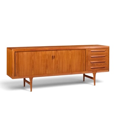 Kofod-Larsen for Faarup Møbelfabrik Mid Century Danish Teak Tambour Door Credenza- mcm 