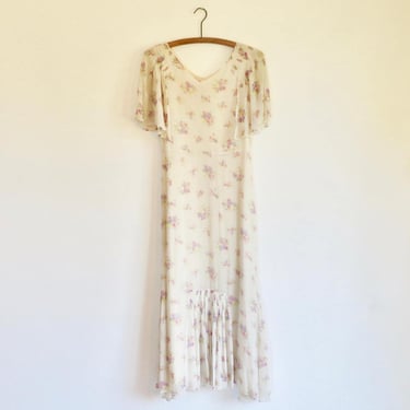 1920's Ivory Floral Silk Chiffon Flapper Day Dress Art Deco 20's Spring Summer Dresses Size Small 