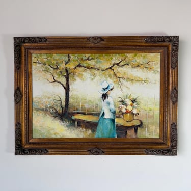 1960s Vintage Harrison E. Clark Impressionist Woman in Garden Oil on Canvas Painting, Framed 