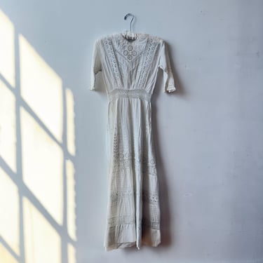 True Antique 1910s Edwardian Dress: Intricate Lacework, Floral Embroidery, Cotton Lawn 