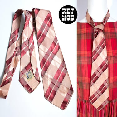 Vintage 40s Maroon & Nude Plaid Rayon Neck Tie 