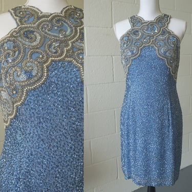 80s Vintage Formal Dress | Black Tie Oleg Cassini Dress | Fully Beaded | Blue Beaded Dress | Size 6 