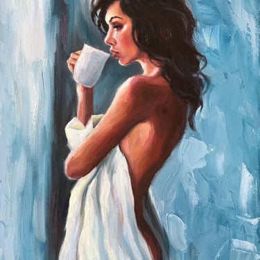 Expressionist Woman with Coffee Art Print, Moody Contemporary Realism, 16x12 