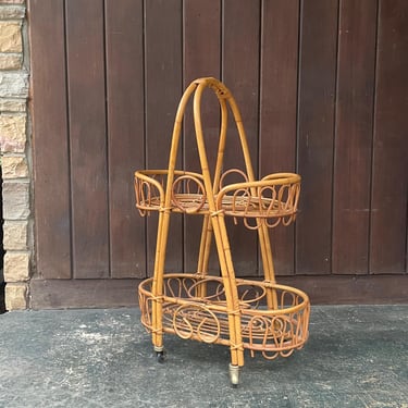 Italian Bamboo Rattan Bar Cart Vintage Mid-Century Albini Style 