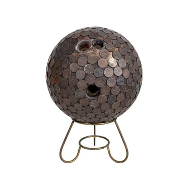 Folk Art Penny Encrusted Bowling Ball on Stand