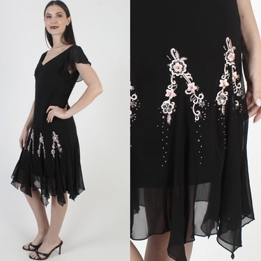 Black Asymmetrical Dress, Vintage Y2K Embroidered Sundress, High Low Hemline, Sheer Evening Midi 