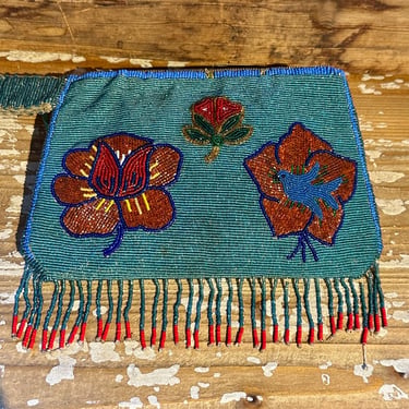 NATIVE AMERICAN CLUTCH 30s/40s Two-Sided Plateau Beaded Bag | Glass Beads, Flower Purse w/ Handle | Native American Folk Handbag 