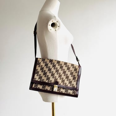 Vintage Jaeger jacquard canvas & leather convertible square portfolio clutch shoulder bag or crossbody with detachable strap made in Italy 