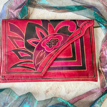 80s Leather Clutch Purse, Bold Colors, Asymmetric Shape, Artsy, Purple, Hot Pink, Red 