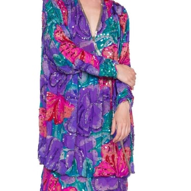 1980S Pink & Purple Rayon Silk Tropical Floral Beaded Slouchy Cocktail Dress 