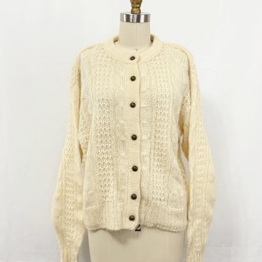 Vintage 80s Mohair Cardigan Sweater | Ivory Cable Knit Forenza Sweater | Size Medium 