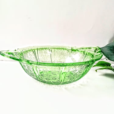 Jeannette Uranium Glass Double Handled Serving Bowl/Cherry Blossom Pattern/ 1930s Vaseline Depression Glass/French Country Cottage Core 