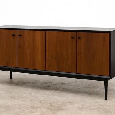 Custom Black and Walnut Credenza Sideboard – 76” Mid Century Modern Media Console / Record Player Cabinet 