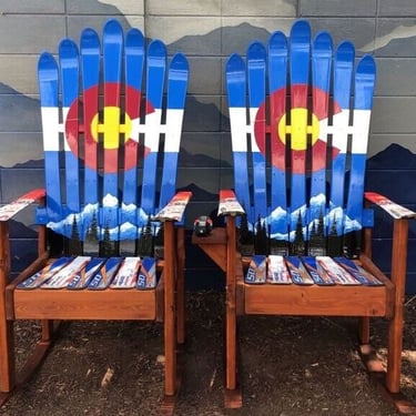 Set of 2- Patio Chairs-Colorado Flag Mountain Mural Rocking  Ski Chairs - made with original skis-Save when you buy a set of two. Rocking 