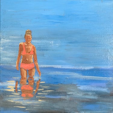 Woman walking in the Ocean, wall decor, interior design, beach decor, coastal art, hand painted original art, 12, 12 inch, summer vacation 