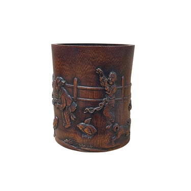 Chinese Bamboo Relief Graphic Motif Carving Brush Pen Holder Art GB088E 