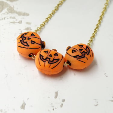 Halloween Necklace for Women, Pumpkin Jewelry, Orange and Purple, Gold Necklace 